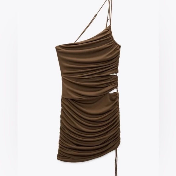 NWOT Zara Brown Asymmetric Draped Cut Out Ruched Mini Dress - Picture 7 of 7